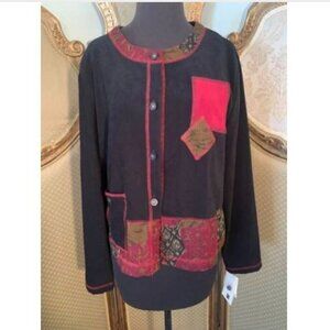 C.M. Shapes. Sz 12. Lightweight Suede cloth Jacket or top. Jacquard Trim. DB.